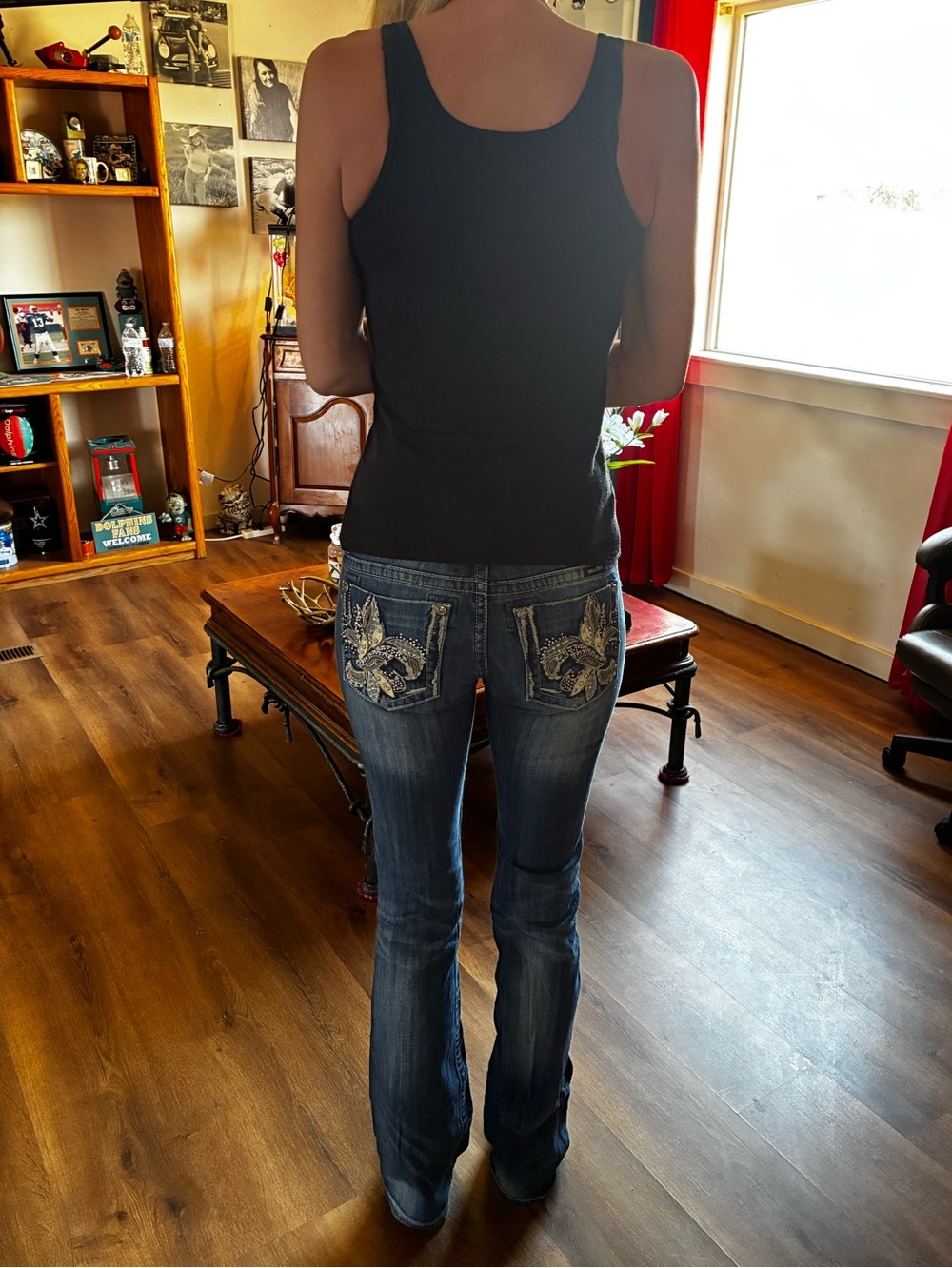Miss Me Dark Blue boot cut Jeans with Embroidered Back Pockets 28L - Picture 2 of 11